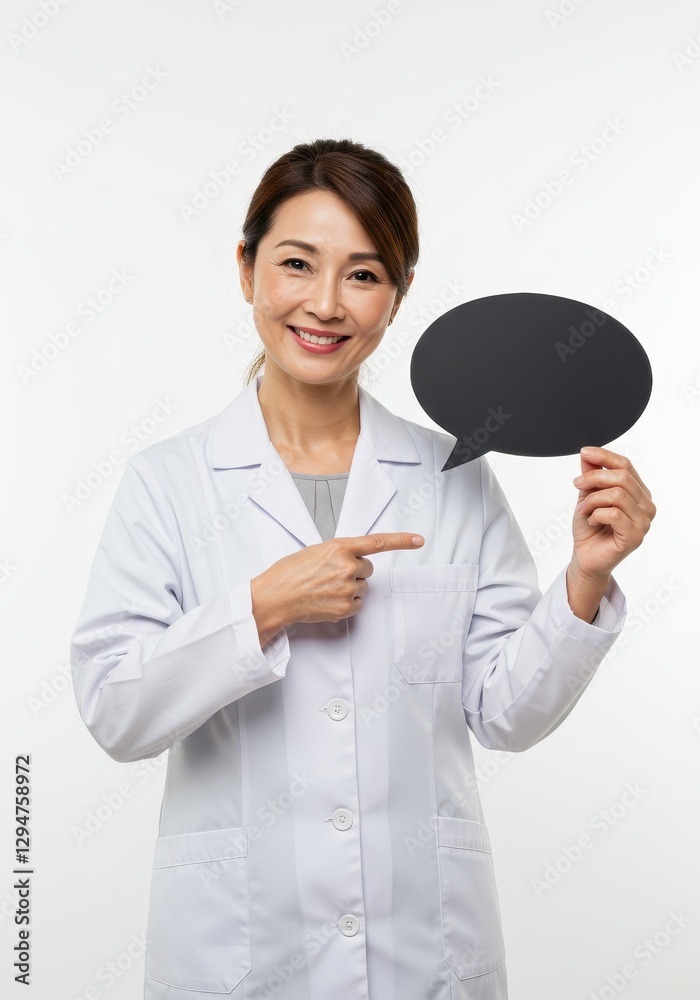 Smiling Female Doctor Holding a Blank Speech Bubble, Ready to Communicate Smiling Female Doctor Holding a Blank Speech Bubble, Ready to Communicate