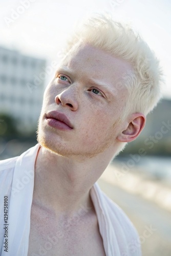 A beautiful young man with albinism, featuring fair skin, white hair, and delicate features. He looks confident and serene, with soft natural lighting highlighting her unique beauty
