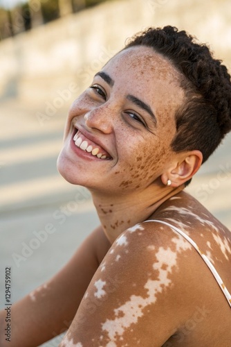 A confident young woman with vitiligo and short hair. Her unique skin patterns are highlighted by soft natural light. She radiates self-love and strength, embracing her natural beauty