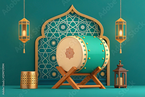 Teal Ramadan drum with lanterns and geometric pattern backdrop. photo