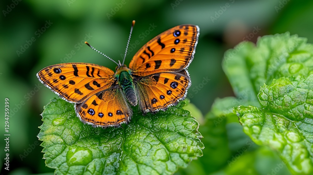 Obraz premium Macro shot of vibrant orange butterfly perched on a green leaf capturing intricate wing patterns and delicate textures