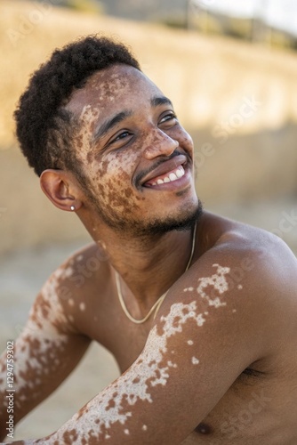 A confident young man with vitiligo and short hair. His unique skin patterns are highlighted by soft natural light. He radiates self-love and strength, embracing her natural beauty.