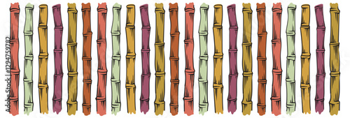 Sugarcane stems pattern. Hand drawn ink bamboo background with stem, branch. For organic eco friendly packaging. Vector illustration on white background.