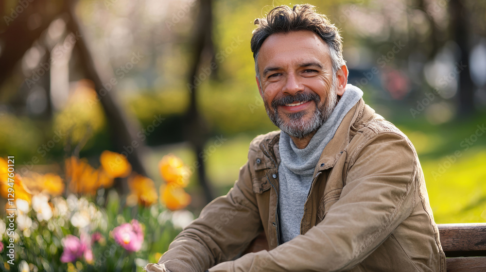 Middle-Aged Man Enjoying Spring on Park Bench Amid Blooming Flowers and Lush Greenery Middle-Aged Man Enjoying Spring on Park Bench Amid Blooming Flowers and Lush Greenery