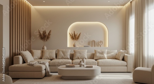Elegant minimalist living room with neutral tones and architectural details