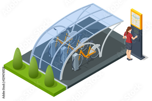 Bicycle rent parking zone with a transparent roof. Isometric bicycle-sharing station with blue bikes in docking units, plus a payment kiosk featuring a city map for quick rentals