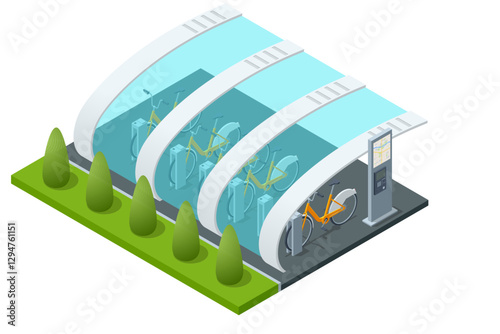 Bicycle rent parking zone with a transparent roof. Isometric bicycle-sharing station with blue bikes in docking units, plus a payment kiosk featuring a city map for quick rentals
