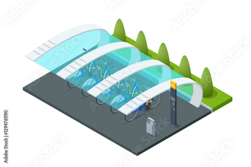 Bicycle rent parking zone with a transparent roof. Isometric bicycle-sharing station with blue bikes in docking units, plus a payment kiosk featuring a city map for quick rentals