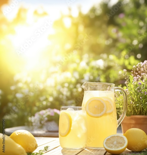 National Lemonade Day stand with pitcher of ice and lemon slices and glass cup. Outside on a table on a bright sunny day. Teach kids about entrepreneur, starting a business, and money.
 photo