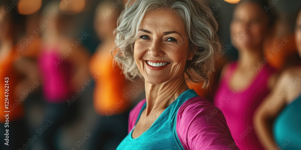 Smiling elderly woman enjoying a lively dance class in a vibrant studio during the daytime