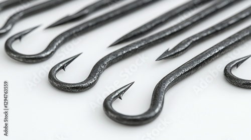 Sharp fishing hooks on white, close-up, studio shot