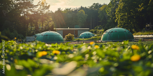 A large-scale anaerobic digestion plant with pipelines transporting biomethane, visually representing the circular economy in renewable energy.