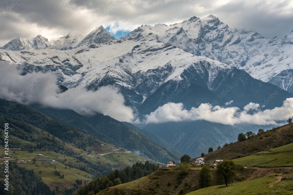 A stunning and majestic snowy mountain range with a beautiful river flowing in the foreground A stunning and majestic snowy mountain range with a beautiful river flowing in the foreground