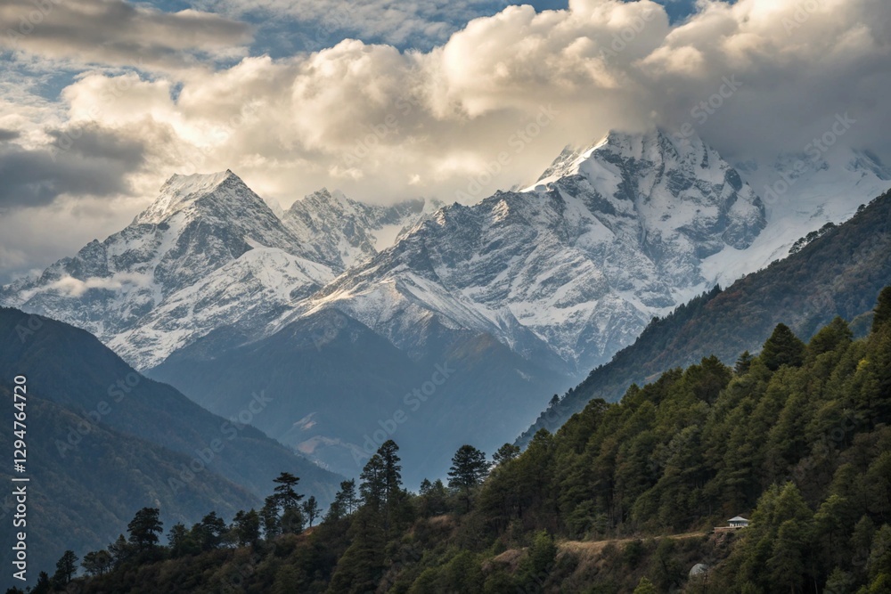 Fototapeta premium A stunning and majestic snowy mountain range with a beautiful river flowing in the foreground