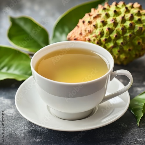 Soursop tea in a cup photographed with a studio background. Soursop tea in natural color and inviting aroma in a cup.