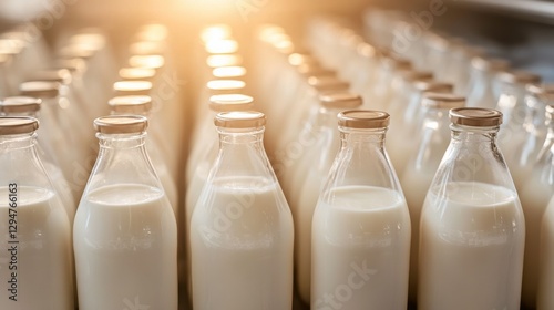 Obraz na płótnie Bright Aisles of Dairy Products in Glass Bottles w salonie