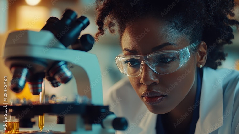 Focused african female scientist examining sample through microscope in laboratory Focused african female scientist examining sample through microscope in laboratory