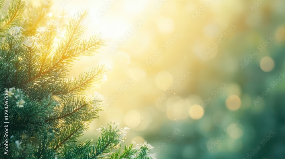 Sunlit evergreen branches in morning light with soft bokeh background Sunlit evergreen branches in morning light with soft bokeh background
