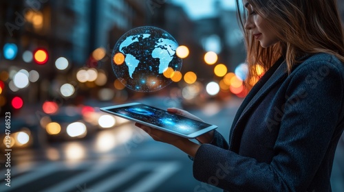 With a tablet in hand, a businesswoman conducts international fund transfers, participating in cross-border banking and leveraging global fintech solutions