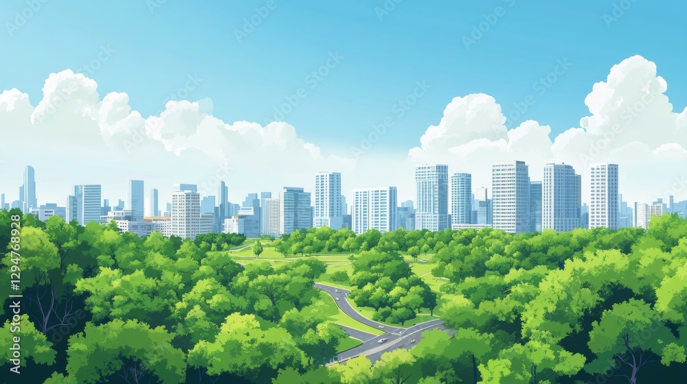 Fototapeta premium Aerial perspective of a vibrant urban cityscape featuring eco friendly architecture and green spaces