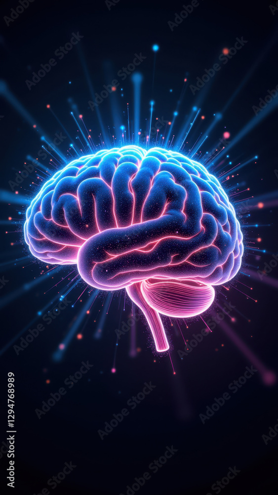 Fototapeta premium Brain with a burst of artificial intelligence energy behind it, symbolizing AGI development.