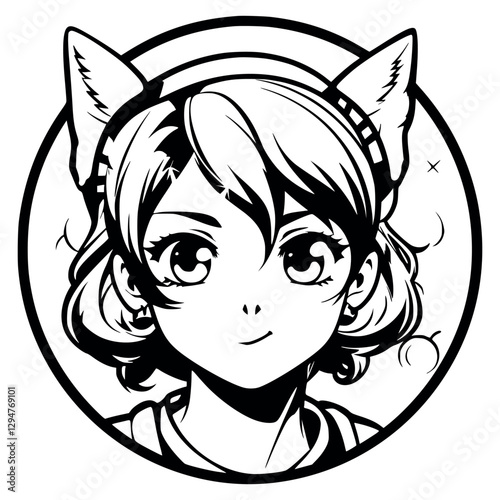 Elegant Neko Girl – Stylish Black and White Anime Portrait
