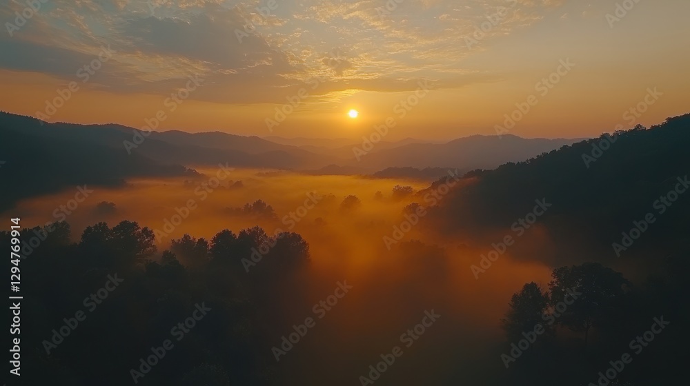 Serene sunrise over misty forested hills with breathtaking views and golden sky Serene sunrise over misty forested hills with breathtaking views and golden sky