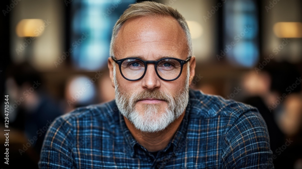 A mature man with a distinguished beard and stylish glasses is seated at a wooden table, engaging with friends in a bustling cafe filled with chatter and laughter during the day A mature man with a distinguished beard and stylish glasses is seated at a wooden table, engaging with friends in a bustling cafe filled with chatter and laughter during the day