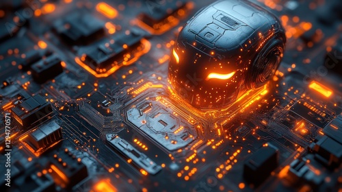 AI robot head activates on circuit board, glowing orange
