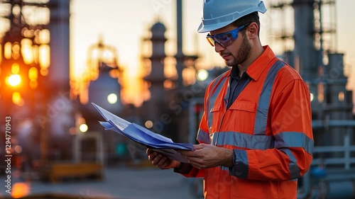 Engineer reviewing plans at refinery sunset (1)