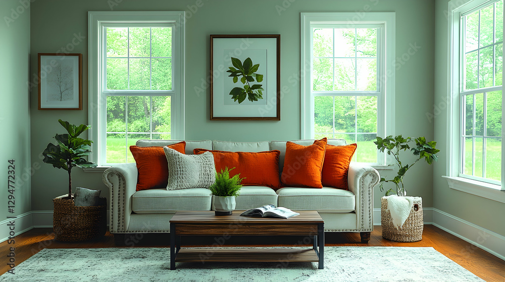 Fototapeta premium Cozy Living Room with Orange Accents