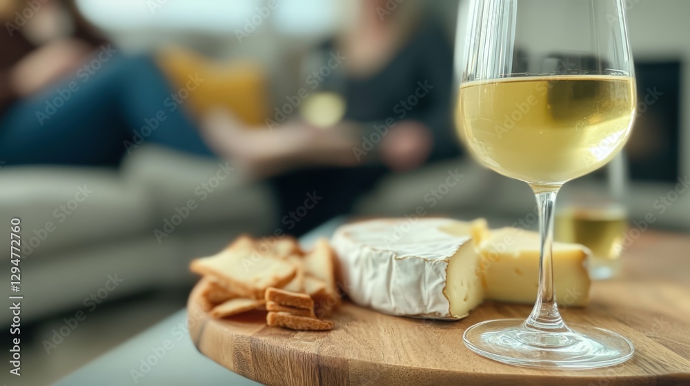 White wine and cheese platter on wooden board in relaxed living room setting White wine and cheese platter on wooden board in relaxed living room setting