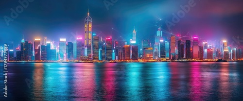 Night cityscape, harbor reflection, neon lights, Asia, urban wallpaper