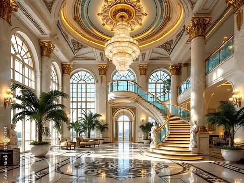 Luxurious Grand Hotel Lobby with Elegant Staircase and Opulent Chandelier photo