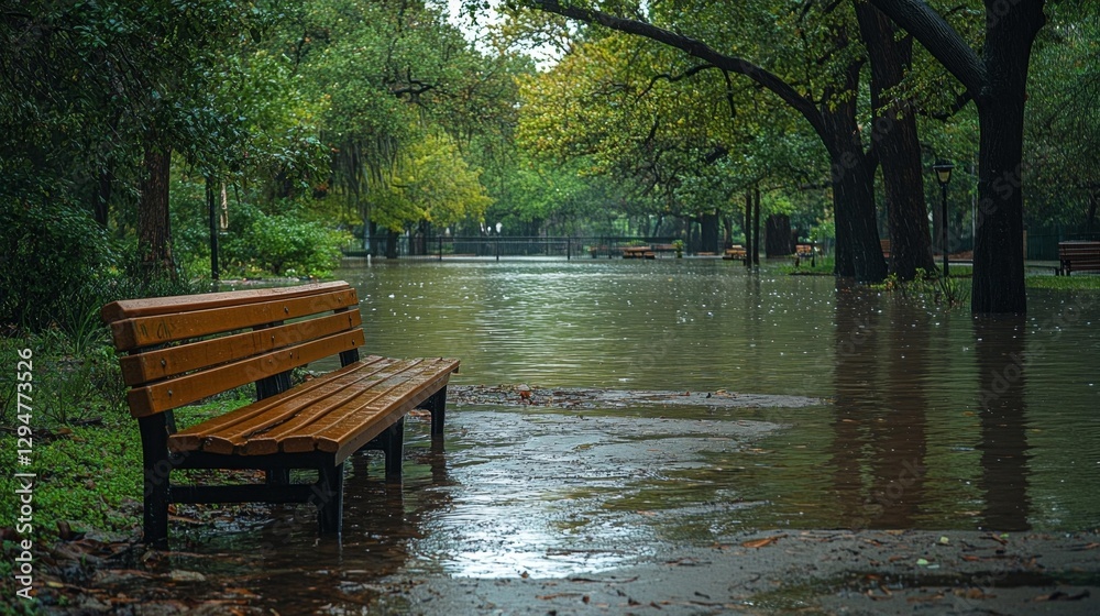 Fototapeta premium Flooded green park in the city with benches submerged under water. Generative AI