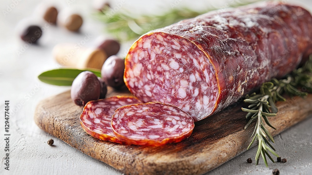 Sliced salami, olives, rosemary, wooden board, kitchen Sliced salami, olives, rosemary, wooden board, kitchen
