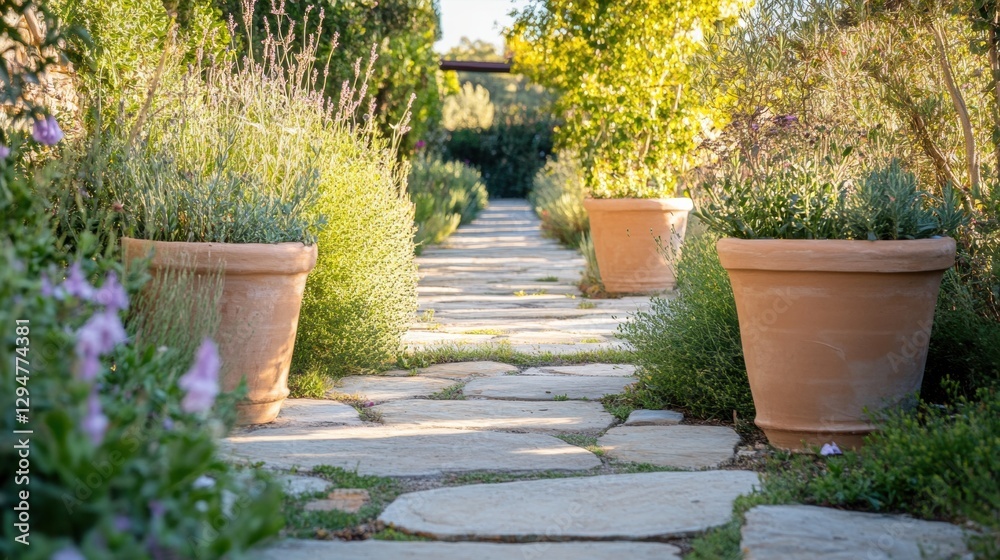Fototapeta premium A stone path in a garden with three large terracotta pots filled with plants.