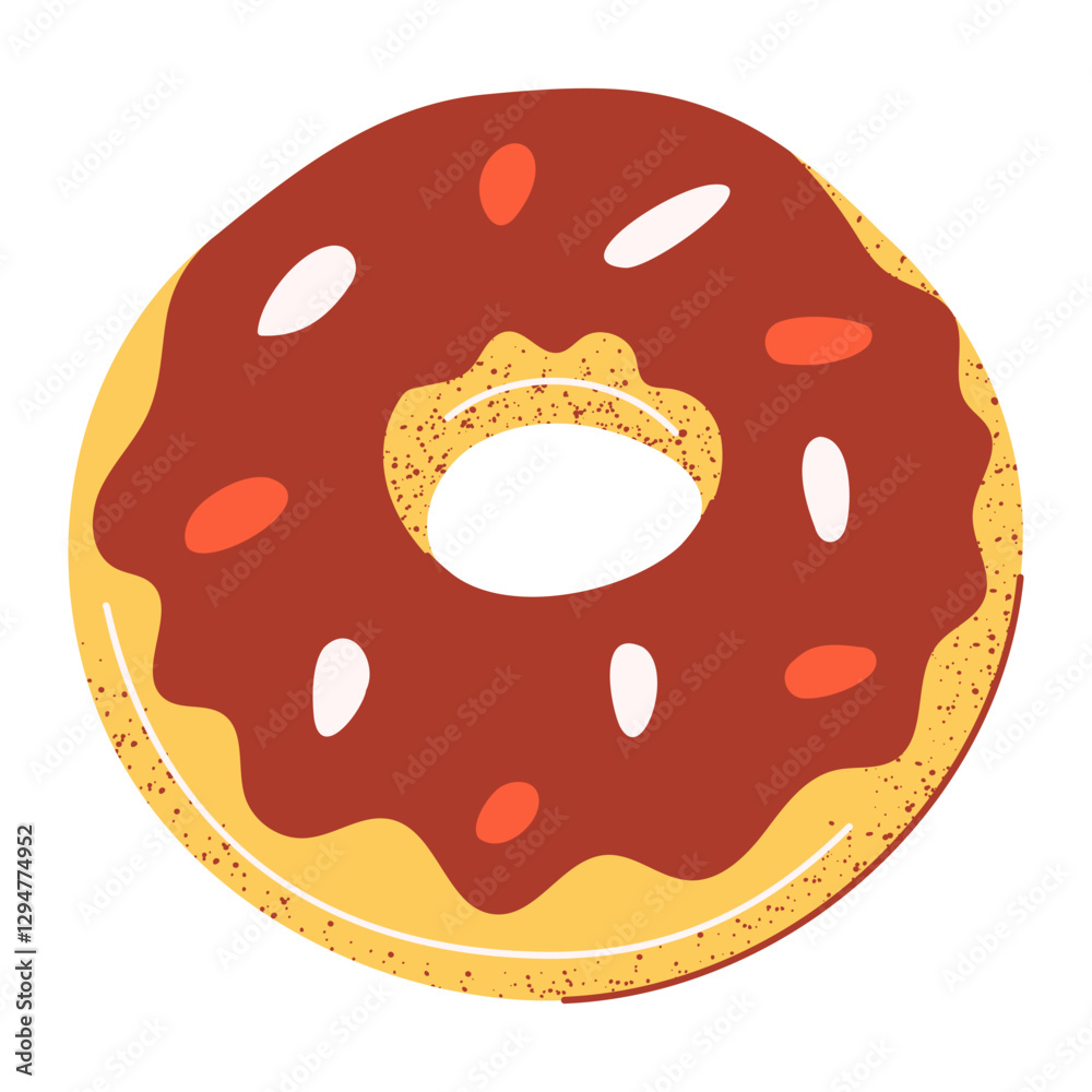 Donut with chocolate icing. Sweet pastry dessert for snack or breakfast. Vector illustration, flat hand drawn style with texture. Baked food for sticker, bakery, cafe shop, restaurant menu Donut with chocolate icing. Sweet pastry dessert for snack or breakfast. Vector illustration, flat hand drawn style with texture. Baked food for sticker, bakery, cafe shop, restaurant menu