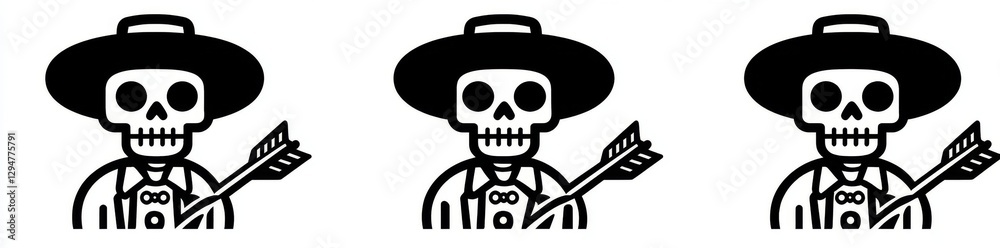 A cowboy skeleton with an arrow piercing its skull, represented in an engraving style. This imaginary figure is portrayed as a scratchboard imitation in a black and white drawing A cowboy skeleton with an arrow piercing its skull, represented in an engraving style. This imaginary figure is portrayed as a scratchboard imitation in a black and white drawing