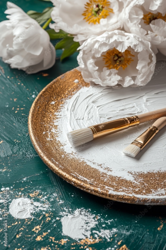 White paint and brushes rest on a gold plate next to white peonies. White paint and brushes rest on a gold plate next to white peonies.