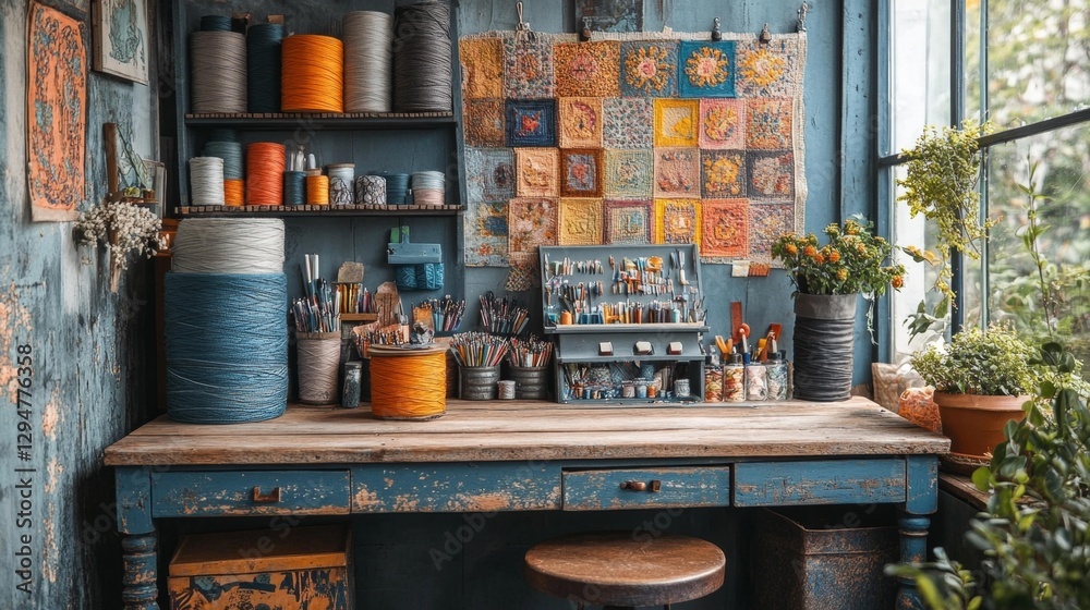 Naklejka premium Bright and inviting crafting workspace featuring colorful threads and embroidery materials on a rustic wooden desk. Generative AI
