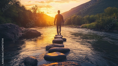 Man carefully crossing a river by walking on stones at sunset, embodying patience, self discovery and personal growth, searching for a new path