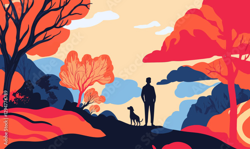 Man and Dog in Vibrant Fantasy Landscape in Minimalist SVG Vector Style