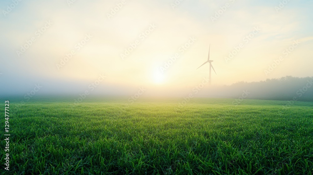 Obraz premium Foggy morning on a farm with a windmill barely visible in the distance, surrounded by lush greenery and soft ambient light,