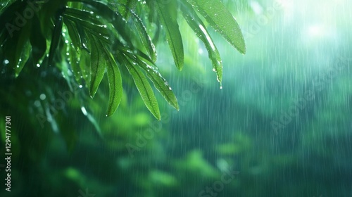 Close-up of raindrops clinging to vibrant jungle leaves, with misty rainforest surroundings illuminated by soft ambient lighting,