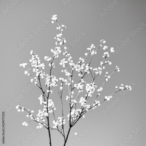 A tree with white flowers is shown in black and white