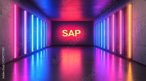 SAP - Business process automation software, characterized by a neon-lit cyber interface, glowing walls, and a bright logo, fosters a futuristic ambiance