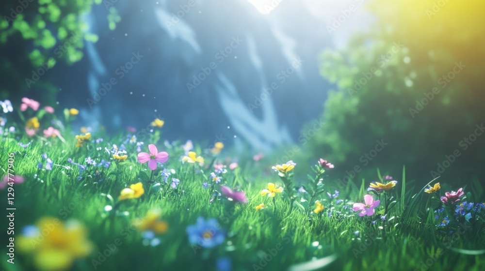Obraz premium Alpine meadow blooming with vibrant flowers, framed by dramatic peaks and illuminated by bright natural light,