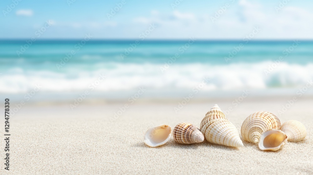 A minimalist composition of seashells scattered on the sand, with blurred waves and a clear sky in the background A minimalist composition of seashells scattered on the sand, with blurred waves and a clear sky in the background