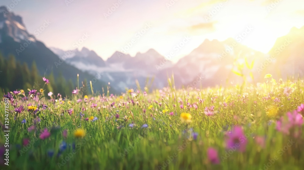 Obraz premium Vibrant wildflower meadow in alpine landscape at sunrise